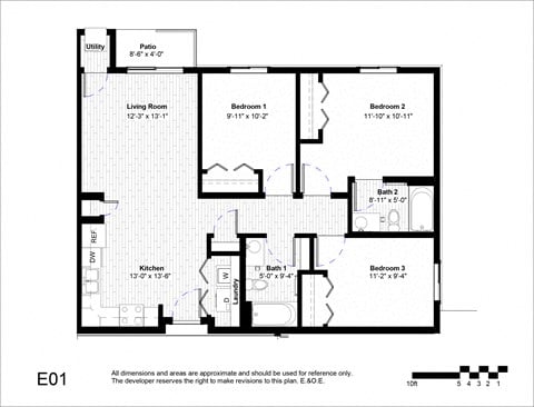 Floor plan for 3 beds, 2 baths, 1064 sqft
